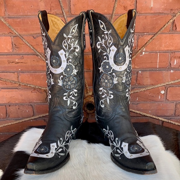 OLD GRINGO Swarovski Crystals Lucky Horseshoe Black Cowboy Western Boots 9.5 - Picture 6 of 12